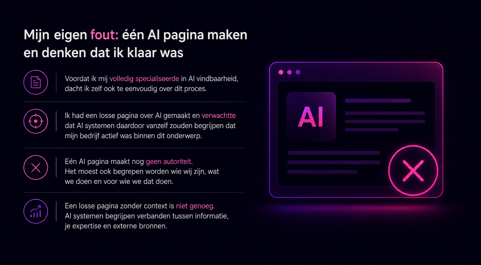 Minimalistische visual die uitlegt waarom één losse AI pagina niet genoeg is om autoriteit en zichtbaarheid in AI zoekmachines op te bouwen.